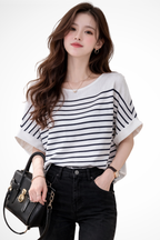 Tilda | Women Oversized Round Neck Half Sleeve Striped Shirt