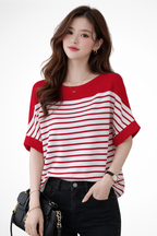 Tilda | Women Oversized Round Neck Half Sleeve Striped Shirt