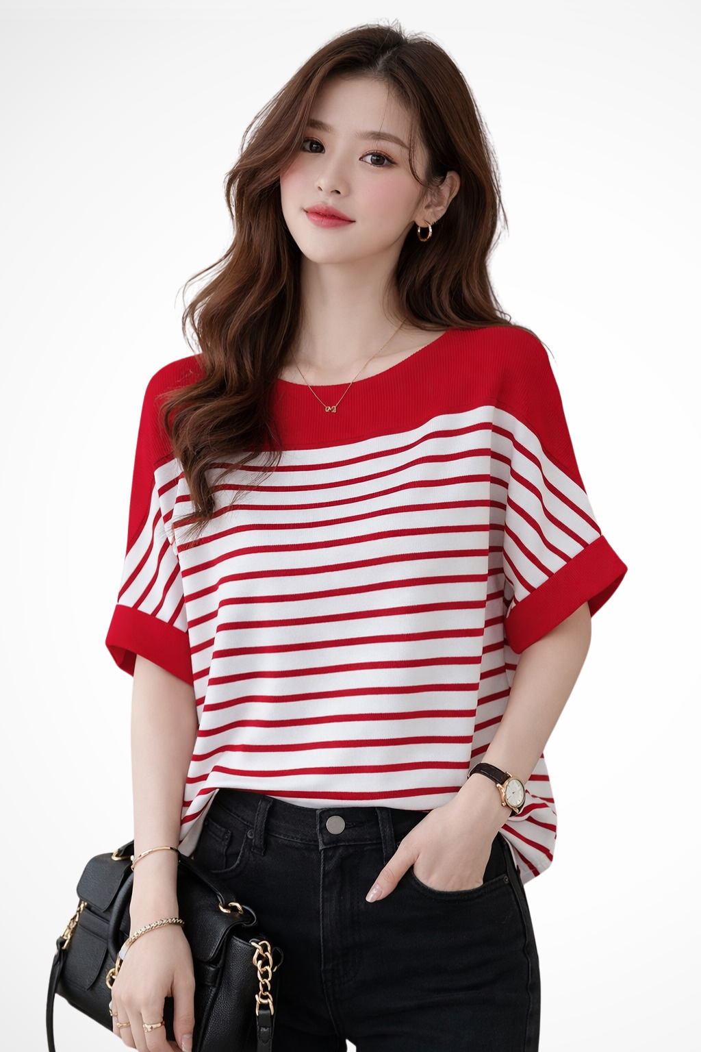 Tilda | Women Oversized Round Neck Half Sleeve Striped Shirt