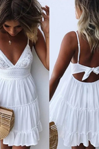 Freja | Women’s White Lace Summer Midi Dress with Spaghetti Straps & Open Back