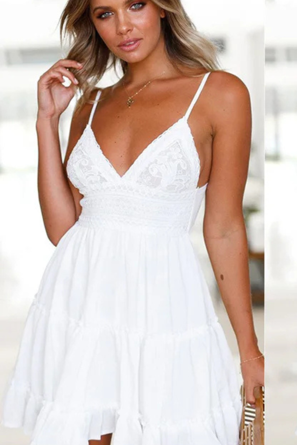 Freja | Women’s White Lace Summer Midi Dress with Spaghetti Straps & Open Back