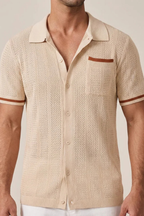 Finlay | Men Short Sleeve Camp Collar Button Front Openwork Knit Shirt with Contrast Trim