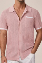 Finlay | Men Short Sleeve Camp Collar Button Front Openwork Knit Shirt with Contrast Trim