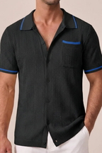 Finlay | Men Short Sleeve Camp Collar Button Front Openwork Knit Shirt with Contrast Trim