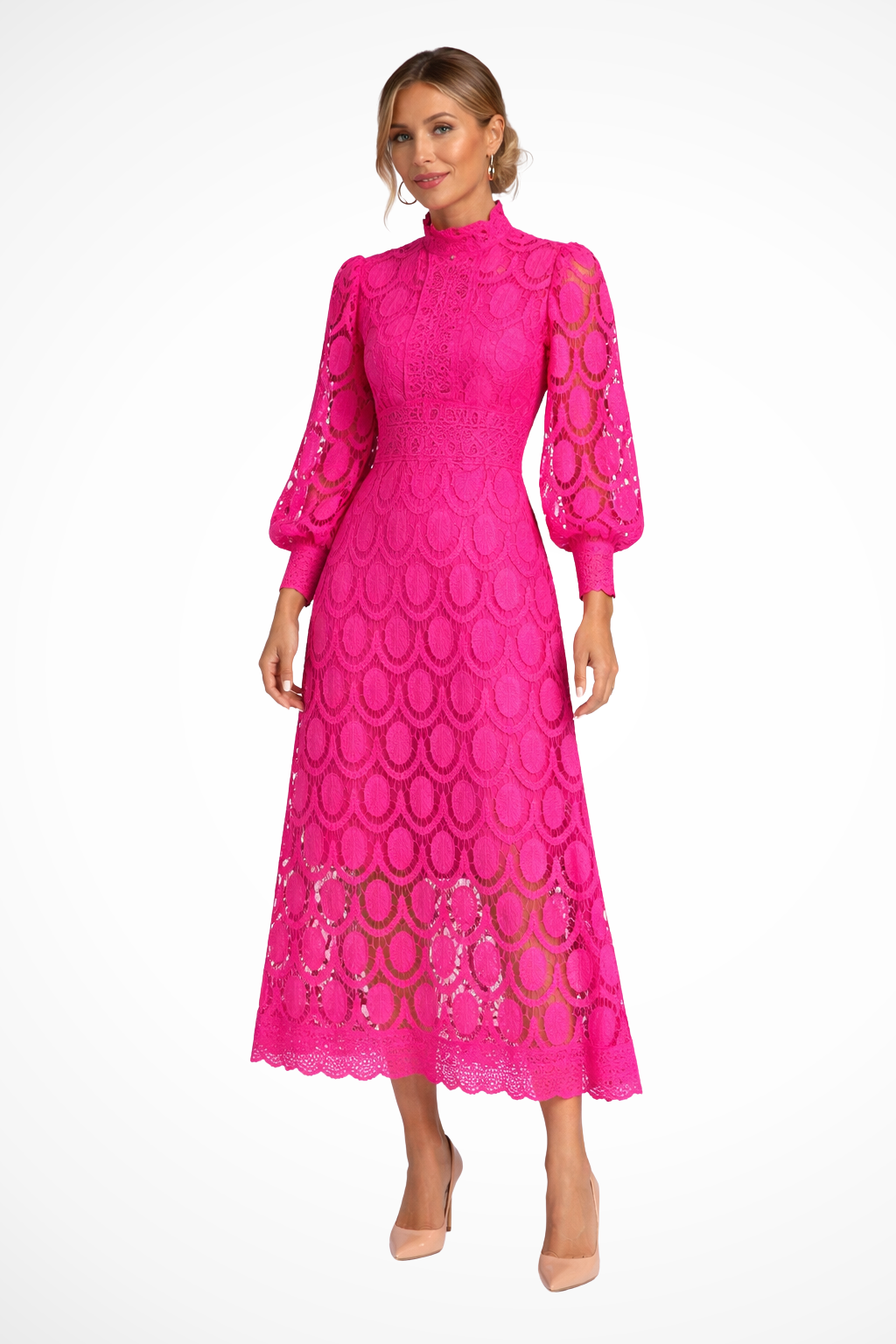 Mathilde | Women Lace Long Sleeve High Neck Wedding Guest Midi Dress