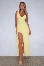 Elise | Women V Neck Ruffle Hem Midi Wedding Guest Dress with Side Split