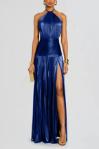 Saffron | Women Halter Neck Pleated Satin Wedding Guest Maxi Dress