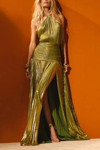 Saffron | Women Halter Neck Pleated Satin Wedding Guest Maxi Dress