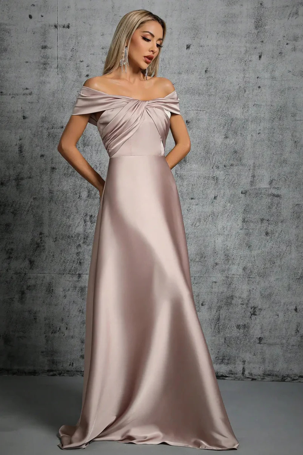 Cordelia | Women Off Shoulder Twisted Pleated Satin Wedding Guest Maxi Dress