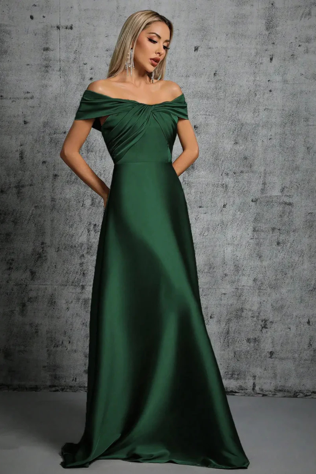 Cordelia | Women Off Shoulder Twisted Pleated Satin Wedding Guest Maxi Dress