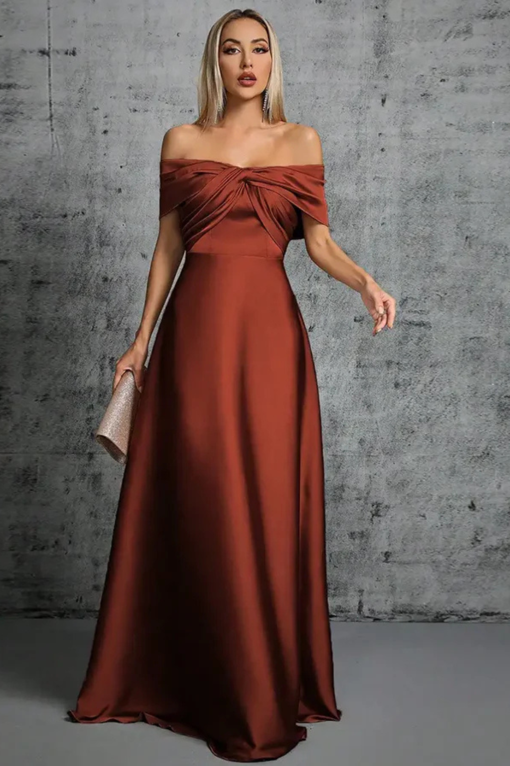 Cordelia | Women Off Shoulder Twisted Pleated Satin Wedding Guest Maxi Dress
