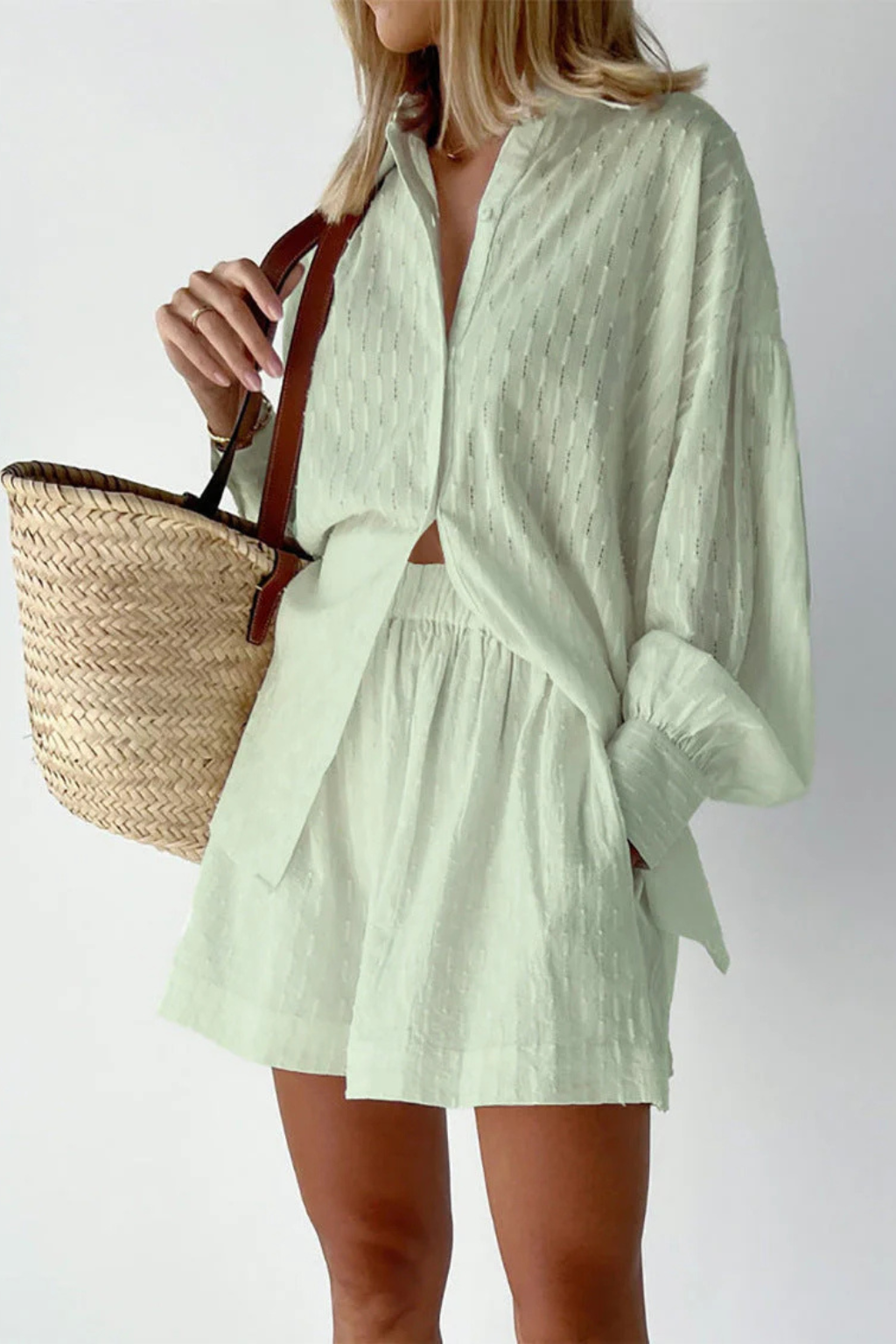 Darla | Women Oversized Long Sleeve Broderie Shirt and Matching Shorts Summer Set