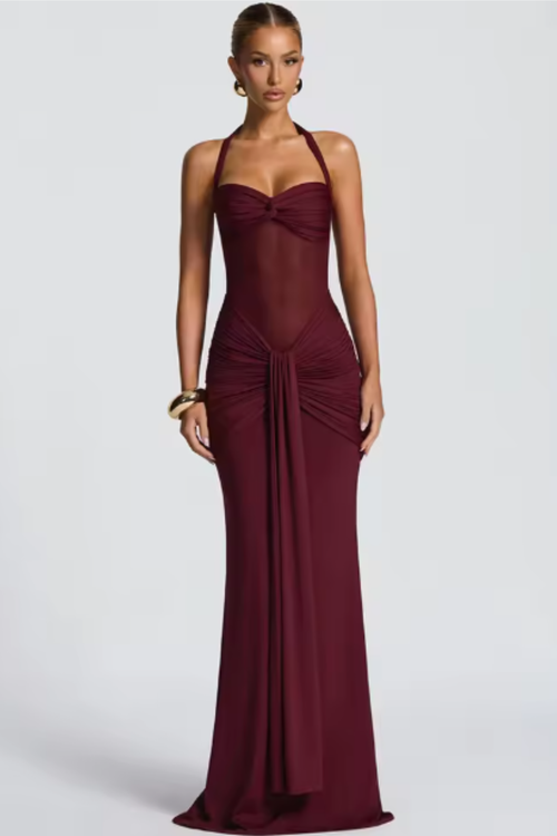 Celine | Women Halter Neck Ruched Wedding Guest Maxi Dress