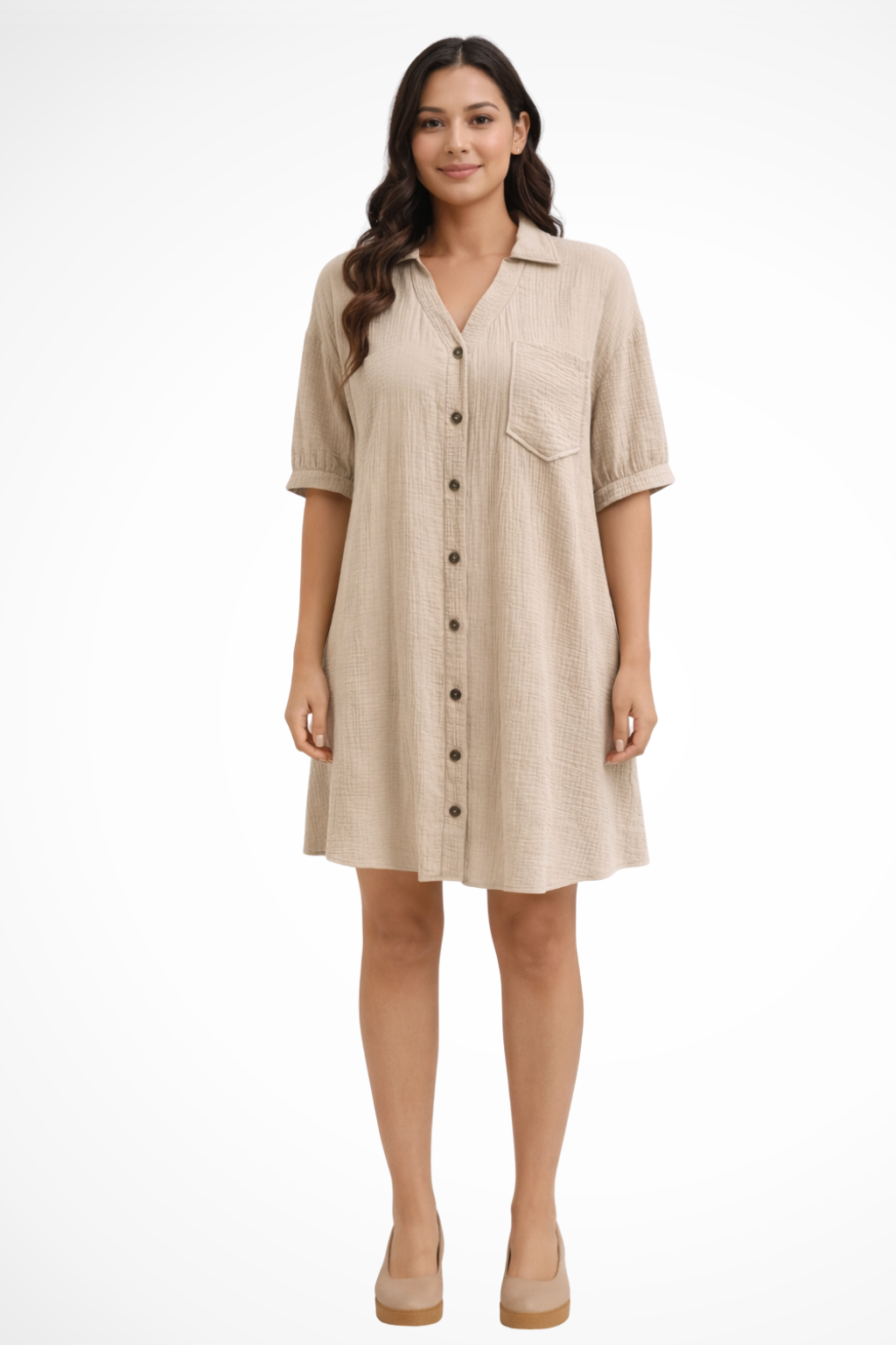 Rosalind | Women’s Short Sleeve Button Up Shirt Midi Dress