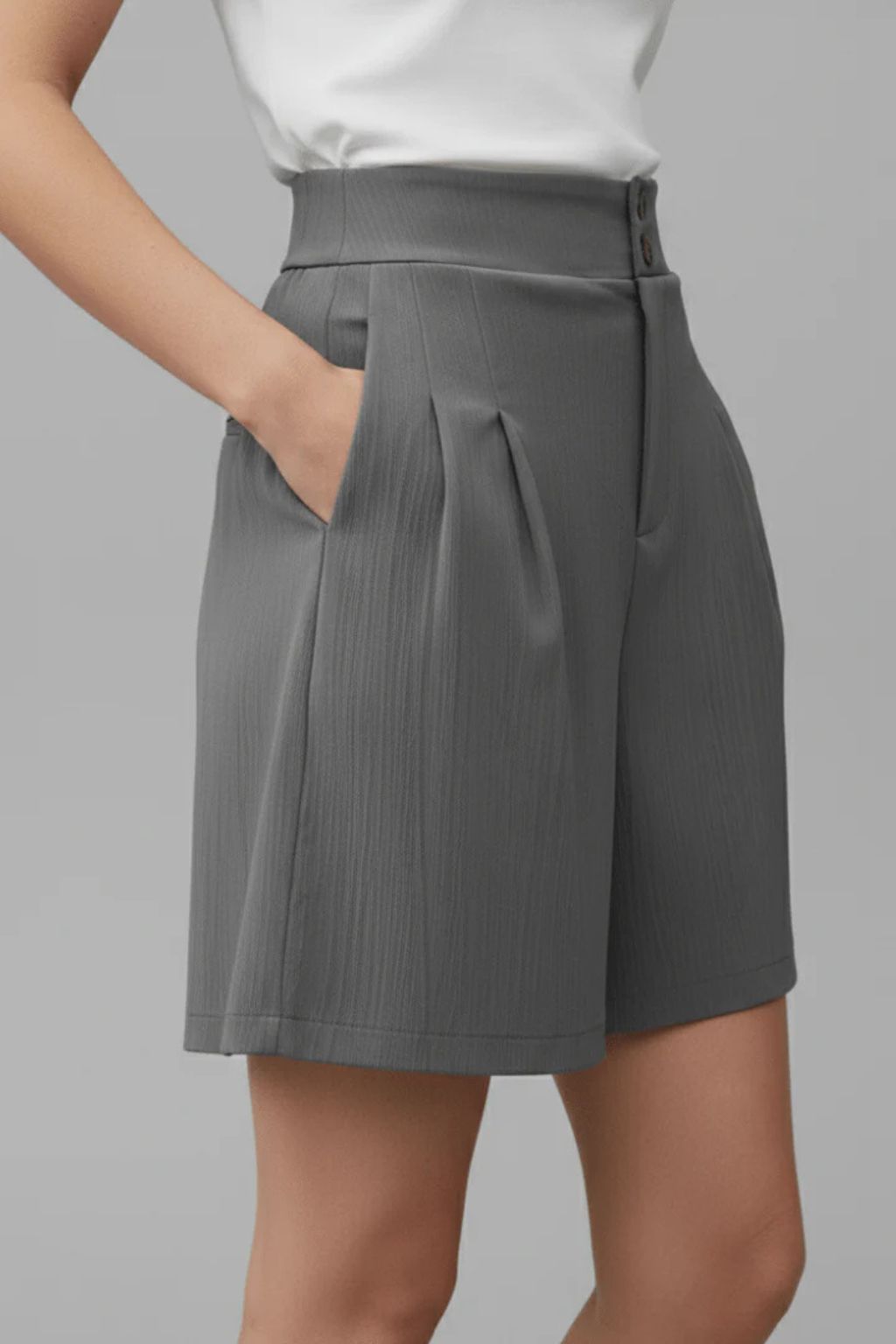 Winnie | Women High Waist Button Front Pleated Tailored Bermuda Shorts