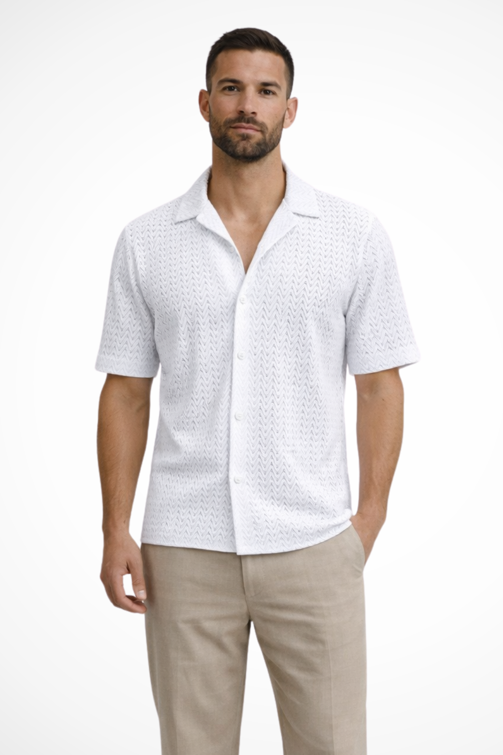 Solano | Men Short Sleeve Open Collar Chevron Textured Summer Shirt