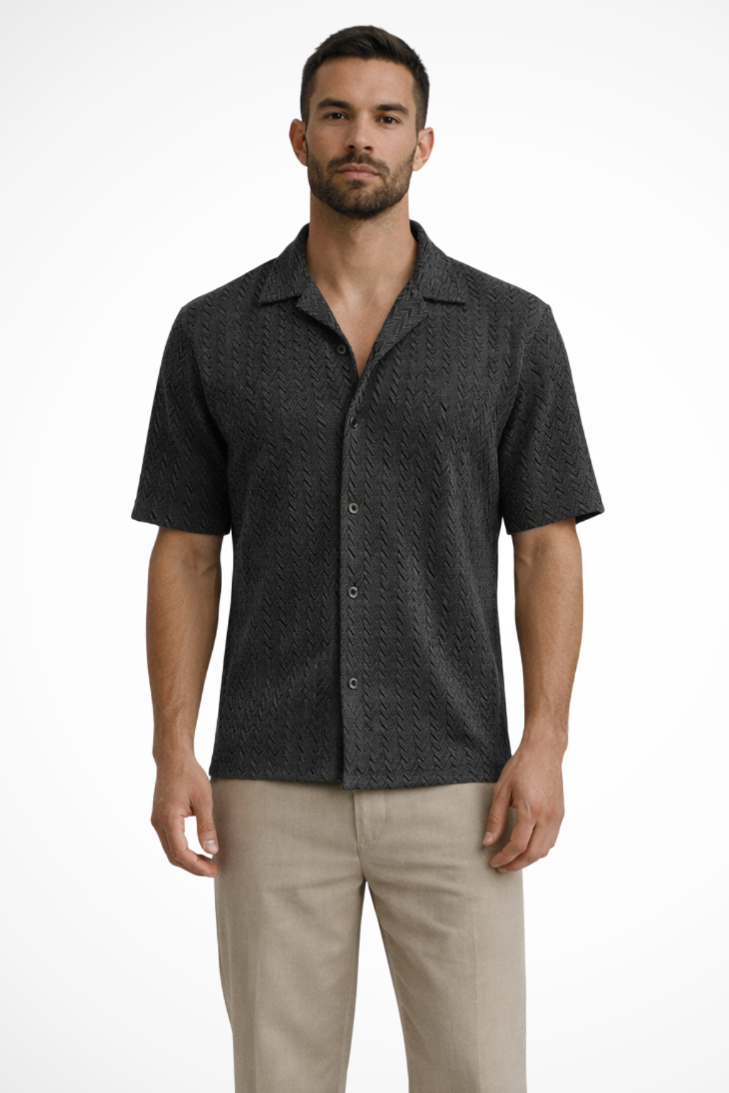 Solano | Men Short Sleeve Open Collar Chevron Textured Summer Shirt
