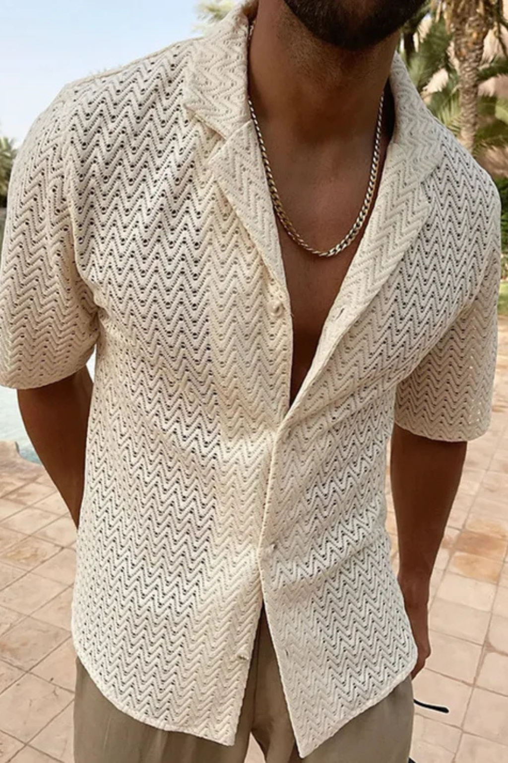 Solano | Men Short Sleeve Open Collar Chevron Textured Summer Shirt