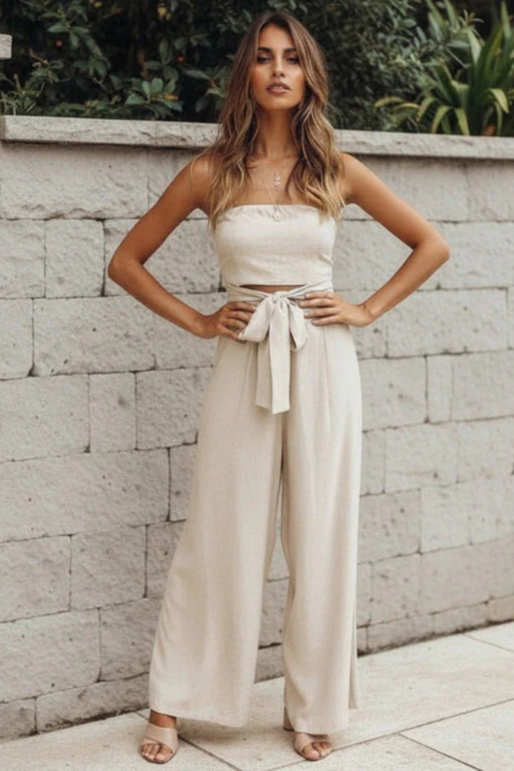 Lyra | Women Strapless Bandeau Crop Top and High Waist Wide Leg Trousers Set