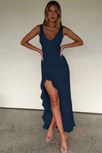 Elise | Women V Neck Ruffle Hem Midi Wedding Guest Dress with Side Split