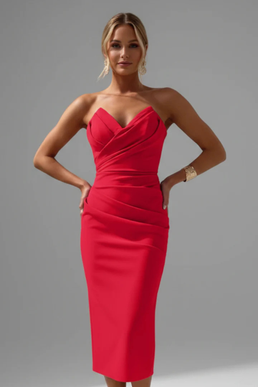 Genevieve | Women Strapless Sweetheart Neckline Ruched Midi Dress