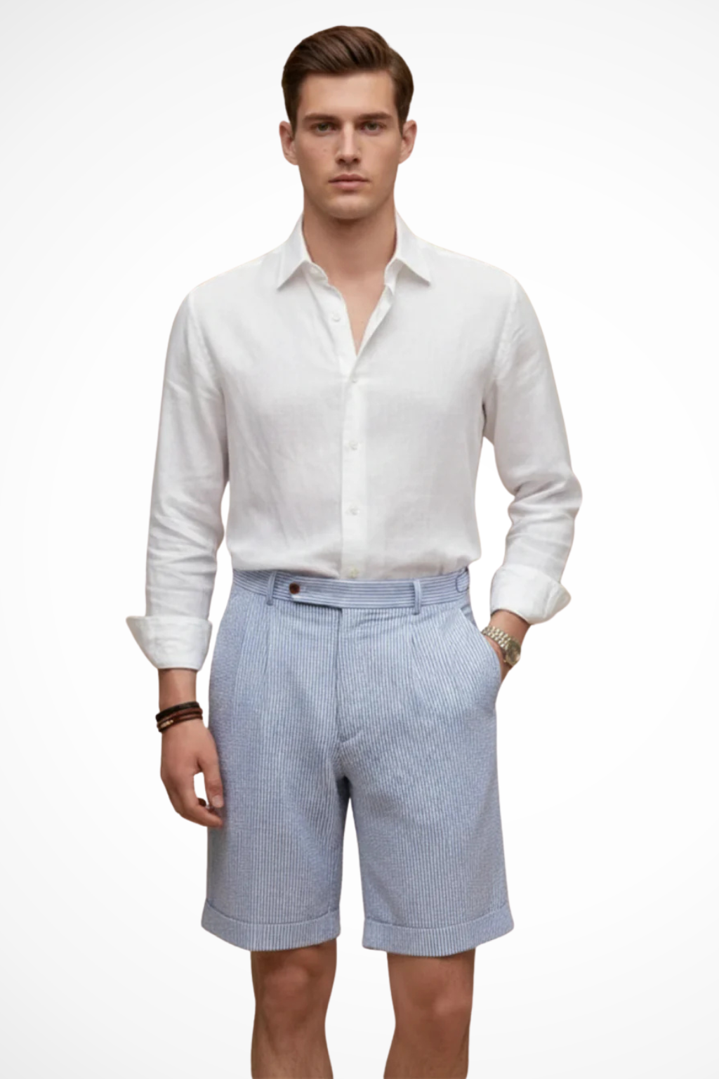 Scott | Men High Waist Striped Seersucker Pleated Turn Up Hem Chino Shorts