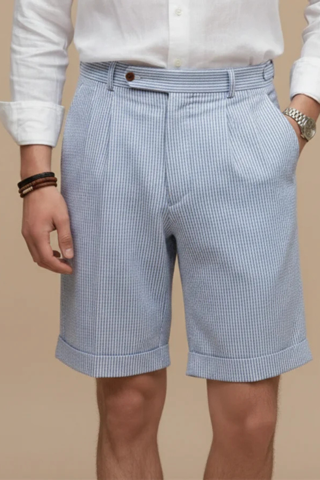 Scott | Men High Waist Striped Seersucker Pleated Turn Up Hem Chino Shorts