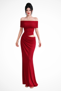 Rhiannon | Women Ruched Off Shoulder Wedding Guest Maxi Dress with Cut Out Detail