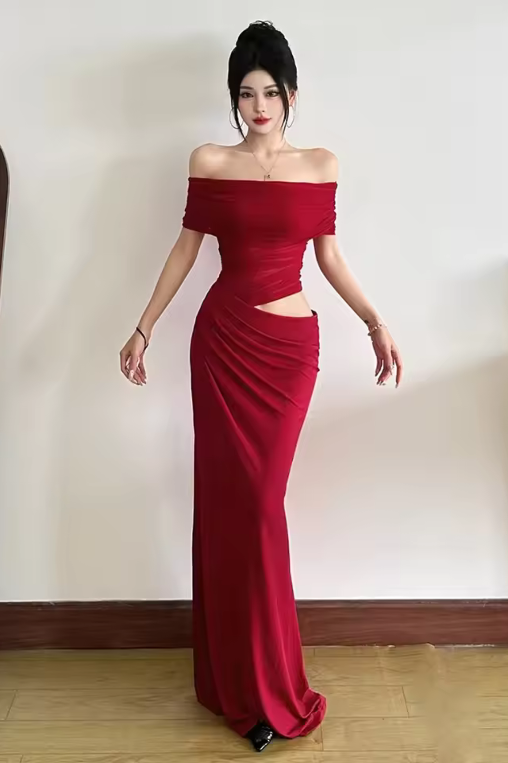 Rhiannon | Women Ruched Off Shoulder Wedding Guest Maxi Dress with Cut Out Detail