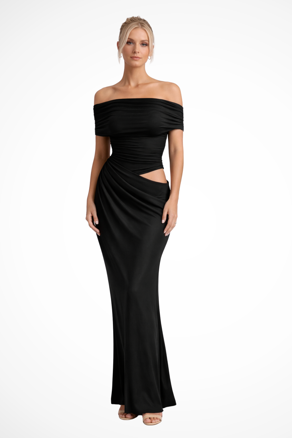 Rhiannon | Women Ruched Off Shoulder Wedding Guest Maxi Dress with Cut Out Detail