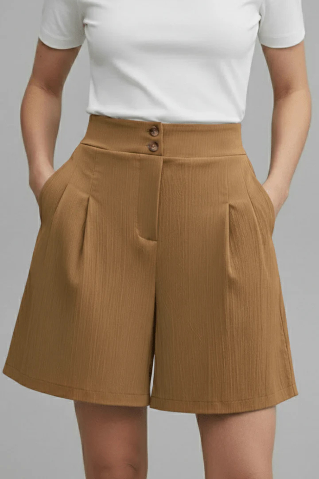 Winnie | Women High Waist Button Front Pleated Tailored Bermuda Shorts