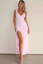 Elise | Women V Neck Ruffle Hem Midi Wedding Guest Dress with Side Split