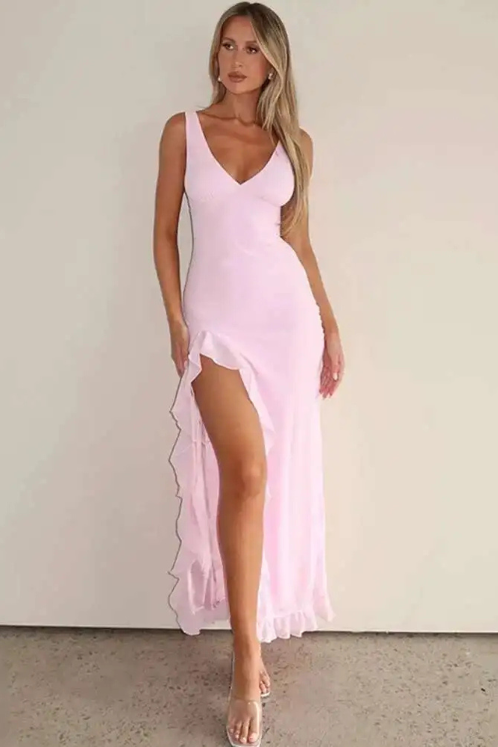 Elise | Women V Neck Ruffle Hem Midi Wedding Guest Dress with Side Split
