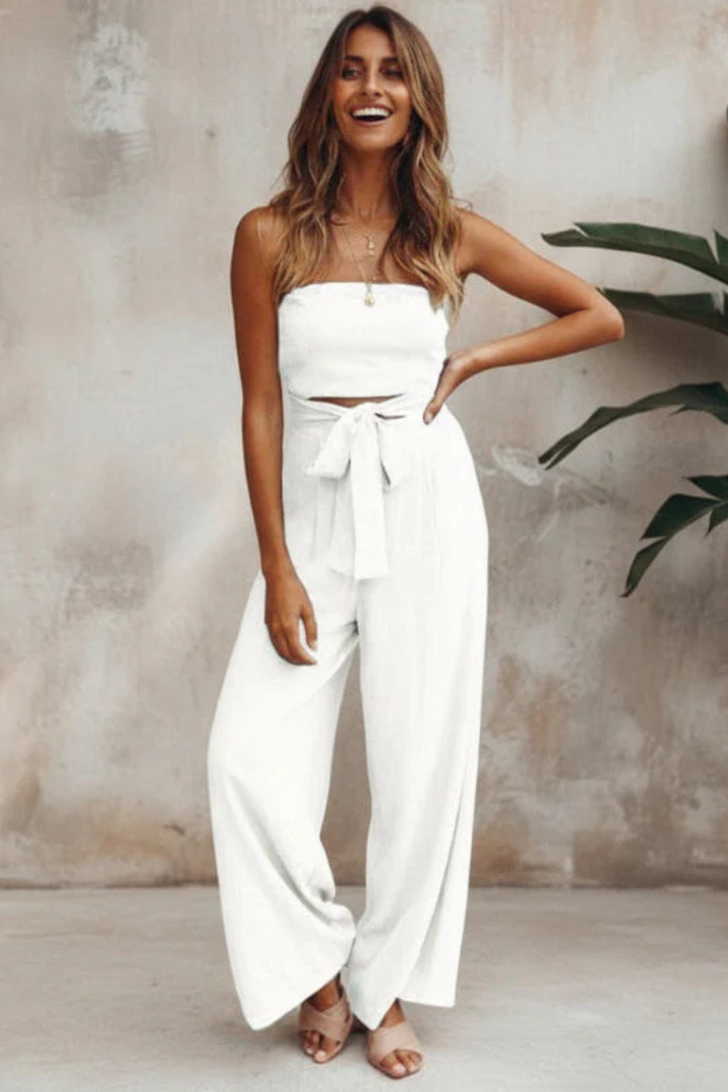 Lyra | Women Strapless Bandeau Crop Top and High Waist Wide Leg Trousers Set