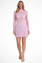 Florrie | Women High Neck Long Sleeve Floral Lace Mini Dress with Belt