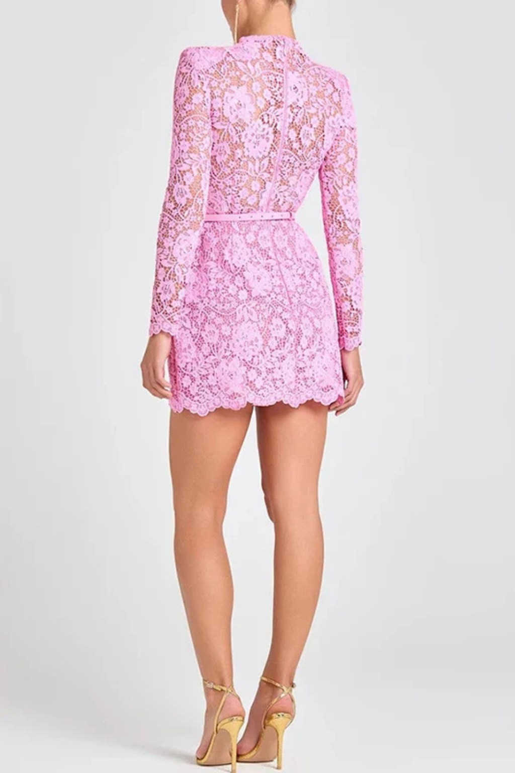 Florrie | Women High Neck Long Sleeve Floral Lace Mini Dress with Belt