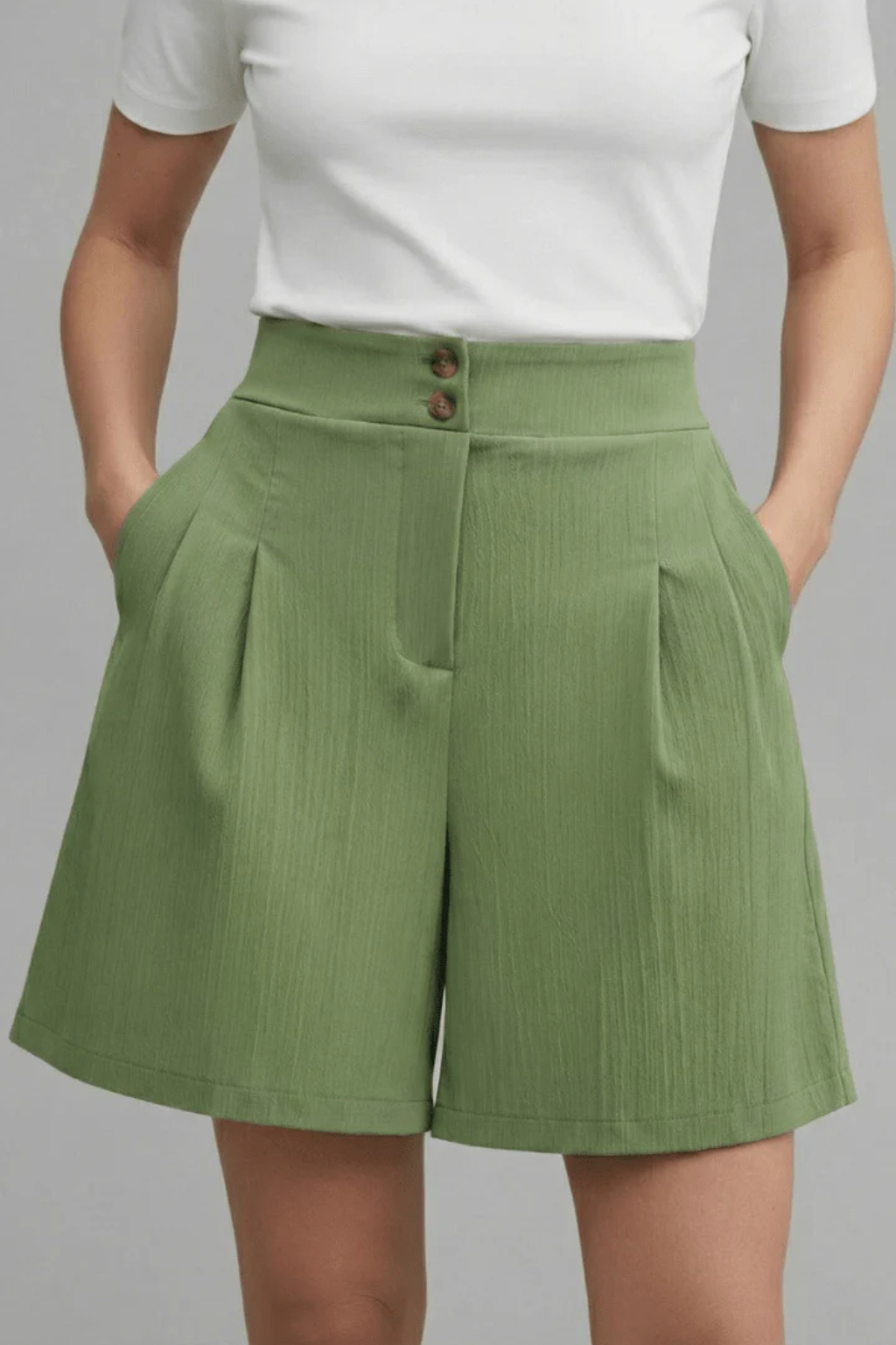 Winnie | Women High Waist Button Front Pleated Tailored Bermuda Shorts