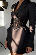 Clover | Women V Neck Long Sleeve Lace Corset Waist Blazer Mini Dress
