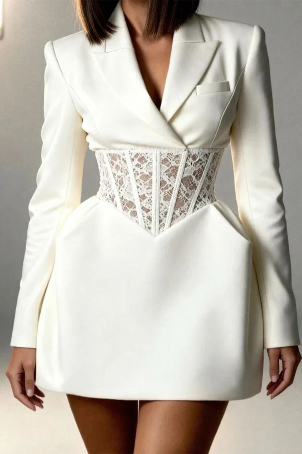 Clover | Women V Neck Long Sleeve Lace Corset Waist Blazer Mini Dress