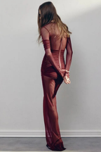 Auryn | Women Long Sleeve Sheer Mesh Layered Bodycon Wedding Guest Maxi Dress