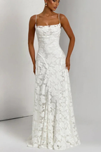 Rose | Women Spaghetti Strap Lace Up Backless Floral Jacquard Formal Maxi Dress