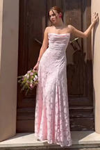 Rose | Women Spaghetti Strap Lace Up Backless Floral Jacquard Formal Maxi Dress