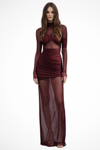 Auryn | Women Long Sleeve Sheer Mesh Layered Bodycon Wedding Guest Maxi Dress