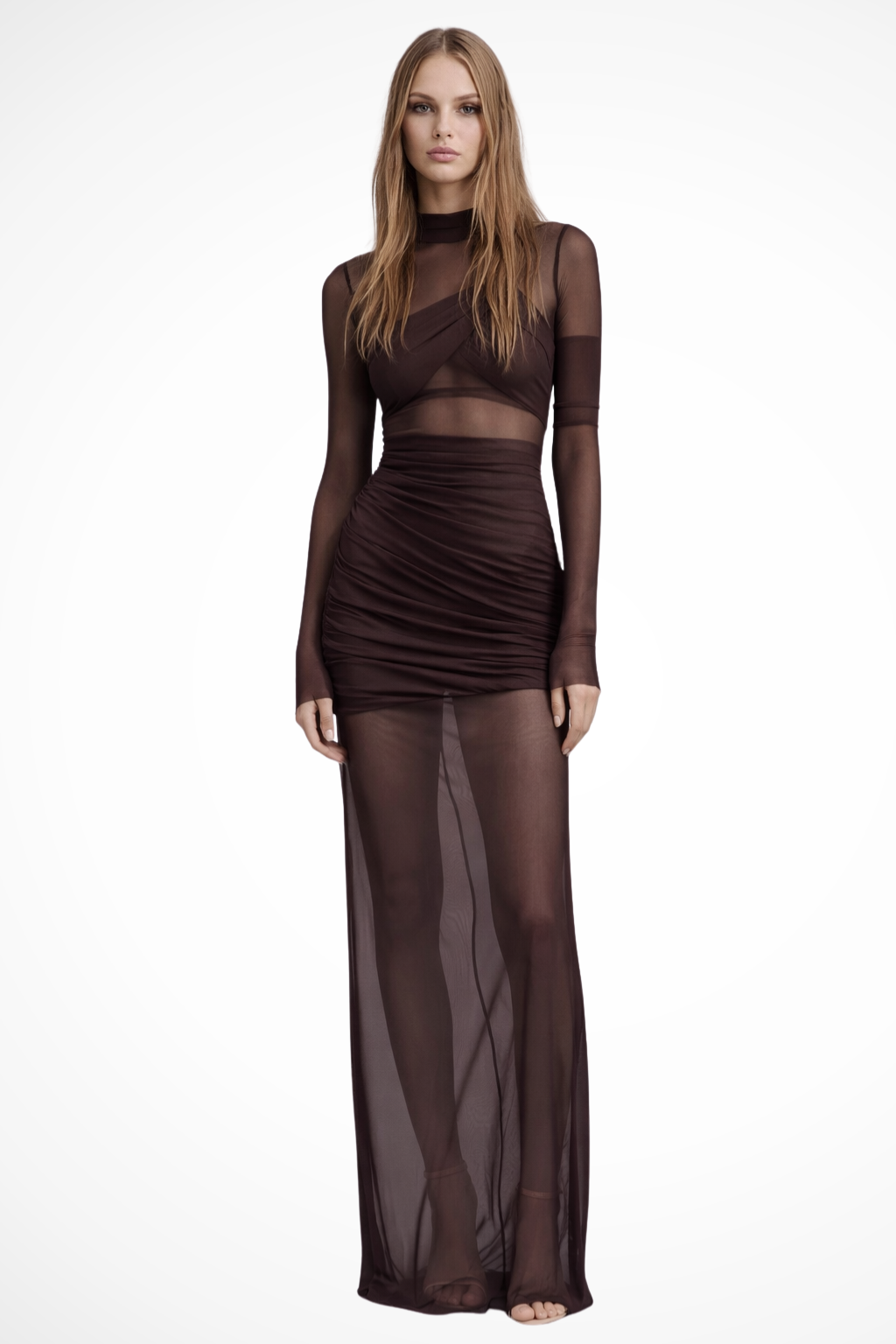 Auryn | Women Long Sleeve Sheer Mesh Layered Bodycon Wedding Guest Maxi Dress