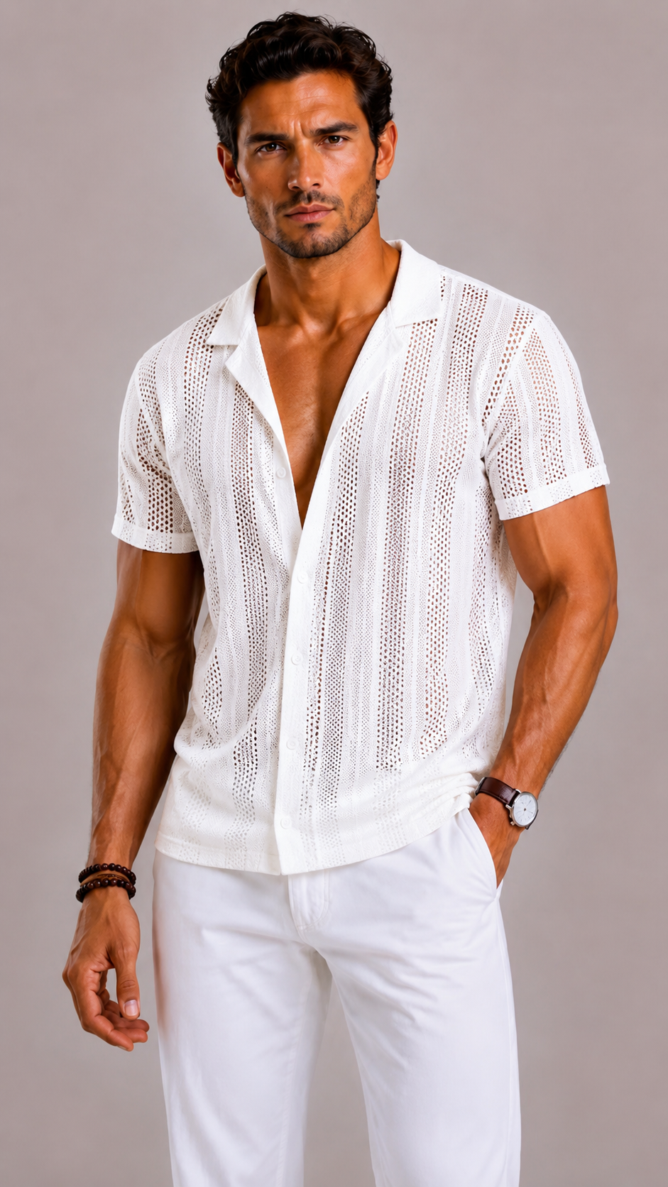 Lunelle | Men's Mesh Knit Transparent Short Sleeve Shirt