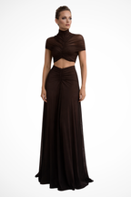 Marienna | Women Short Sleeve Cut Out High Neck Ruched Wedding Guest Maxi Dress