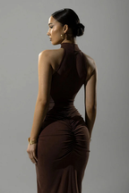 Ravelle | Women Halter Neck Sleeveless Ruched Slit Baby Shower Maxi Dress