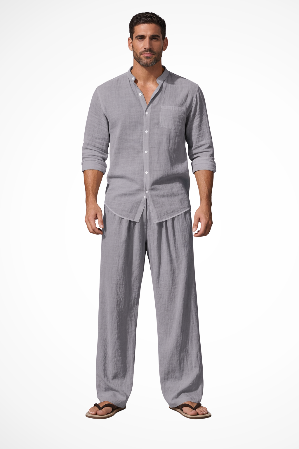 Stanton | Men Grandad Collar Long Sleeve Linen Shirt and Straight Leg Trousers Set