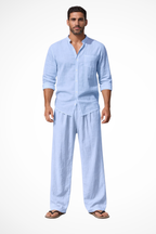 Stanton | Men Grandad Collar Long Sleeve Linen Shirt and Straight Leg Trousers Set