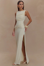 Ines | Women Round Neck Sleeveless Ruched Backless Slit Baby Shower Maxi Dress